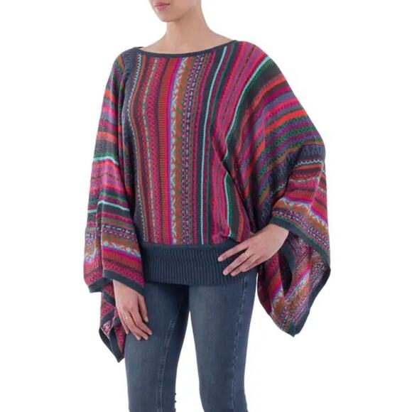 NWOT NOVICA Colorful Striped Alpaca Wool Blend Sweater “Fiesta Dance" Sz L/XL - Picture 1 of 6